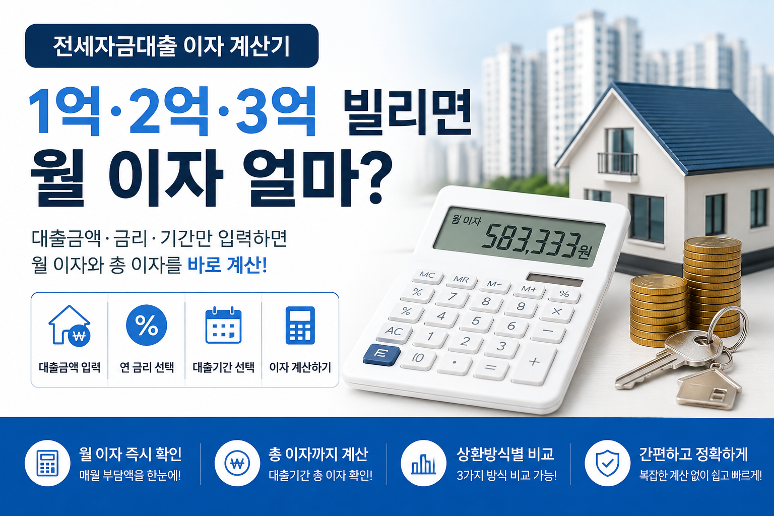 전세자금대출 이자 계산기 1억 2억 3억 대출 월 이자 계산